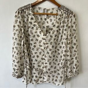 MNG By Mango Floral Blouse Top Off White Belted NWT